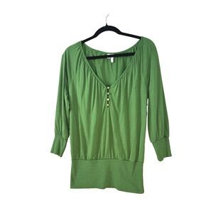 Y2K Old Navy Womens Top Small Blouson Snatched Waist Button Henley 3/4 Sleeve